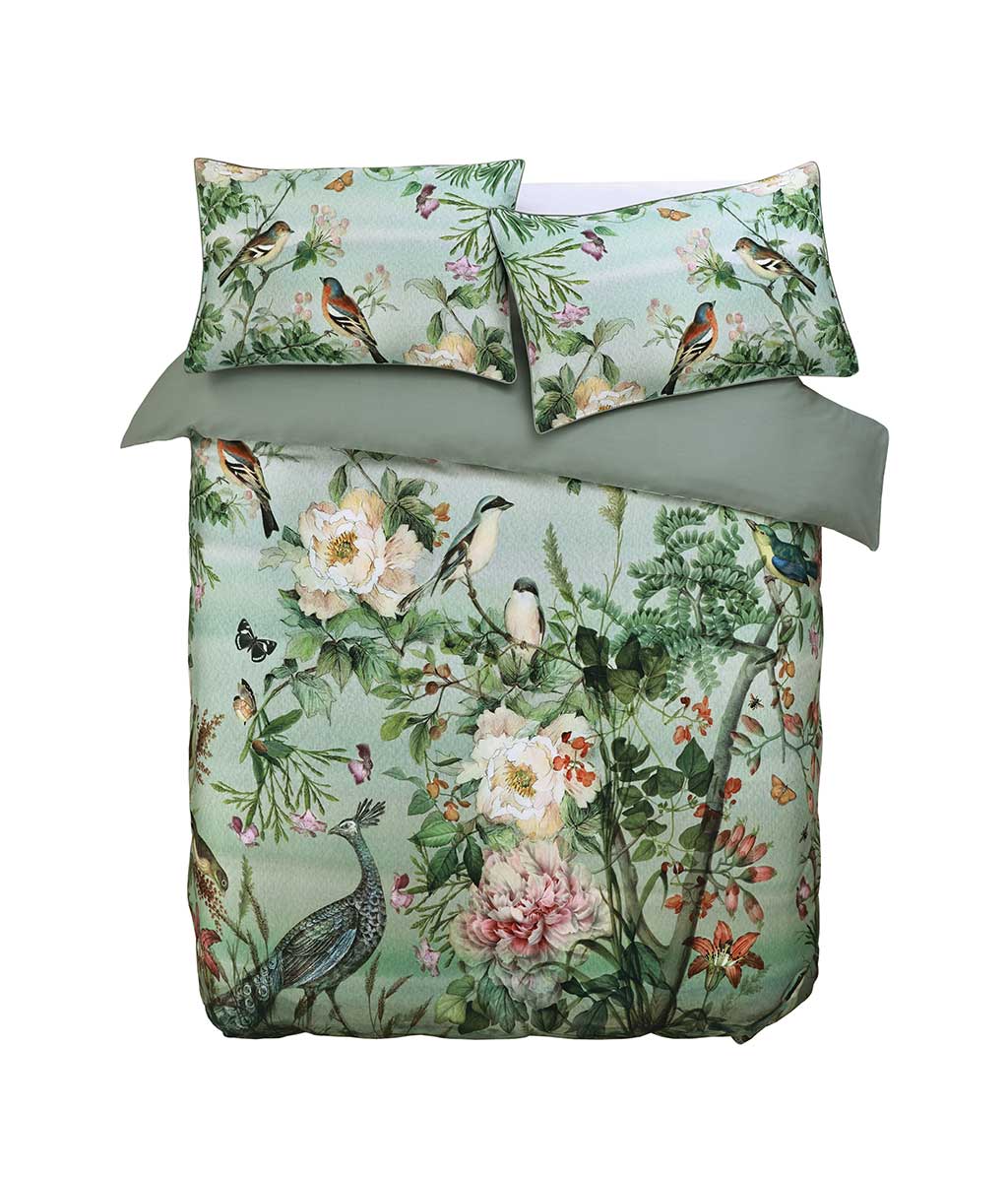 Chinoiserie Duvet Set depicts ornate flora and fauna in an original panel design washed with a celedon green backgound.