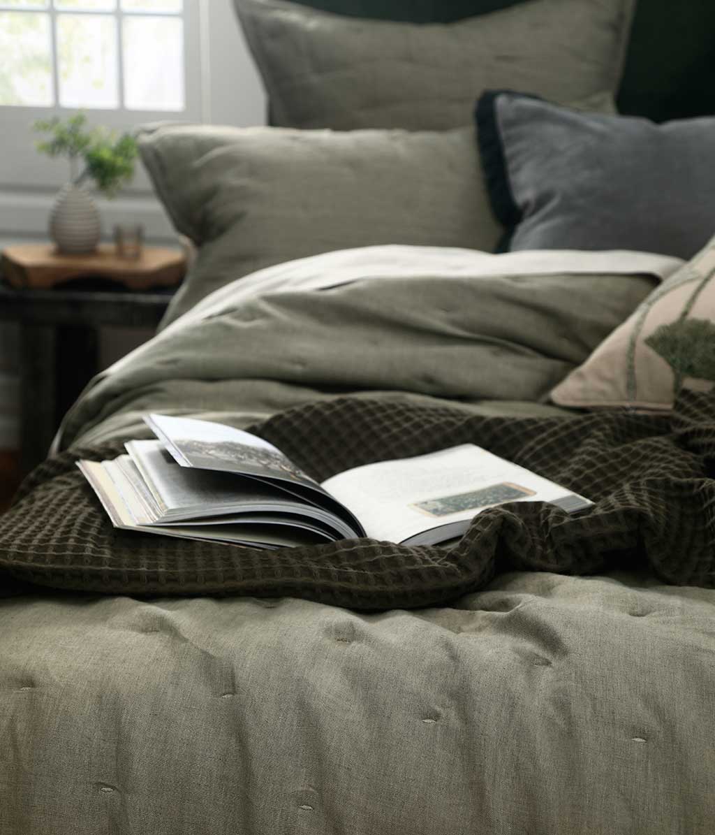 Laundered Linen Olive Bedspread Set