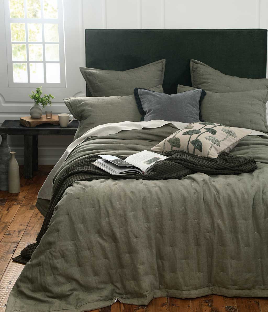 Laundered Linen Olive Bedspread Set