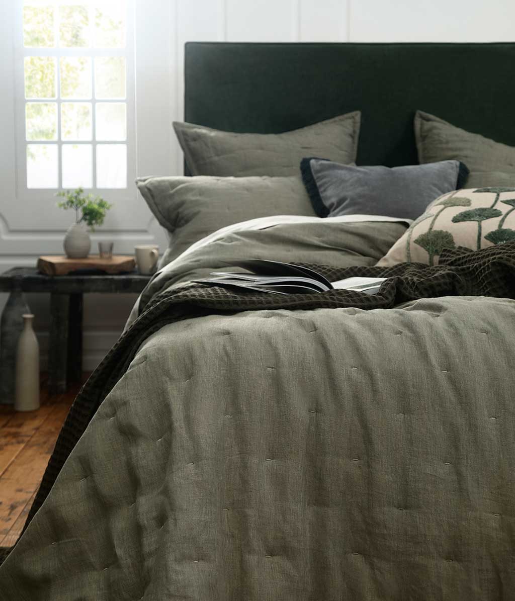 Laundered Linen Olive Bedspread Set